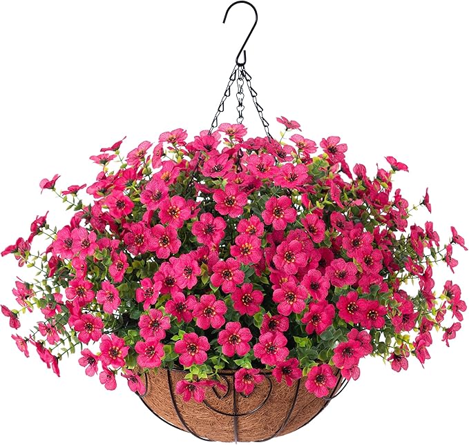 Artificial Fake Hanging Plants Flowers Basket for Outdoor Outside Porch Summer Decoration, Faux Silk Hotpink Dasiy UV Resistant Realistic in Planter for Home Patio Garden Yard