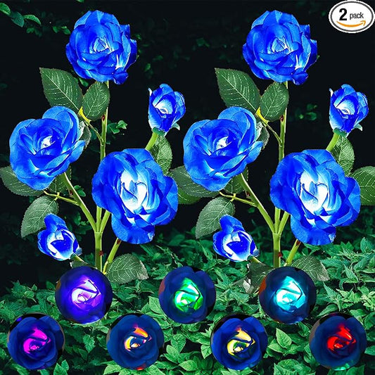 ANGMLN 2 Pack Solar Garden Lights, Solar Flower Lights Outdoor Waterproof with 10 Head Blue Rose 7-Color Changing Landscape Light for Garden Yard Pathway Patio Grave Cemetery Decoration