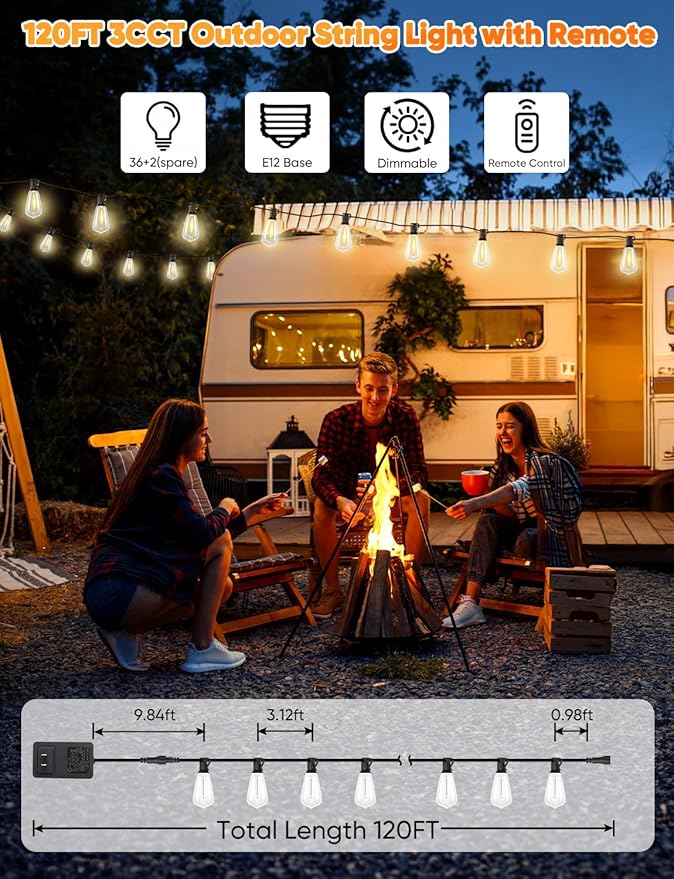 Brightever 3 Color in 1 LED Outdoor String Lights with Remote, 120FT Patio Lights Outdoor Waterproof with 38 Vintage Edison Bulbs, 3 Modes 2 Timer Dimmable String Light for Outside, 2700K/4000K/5000K