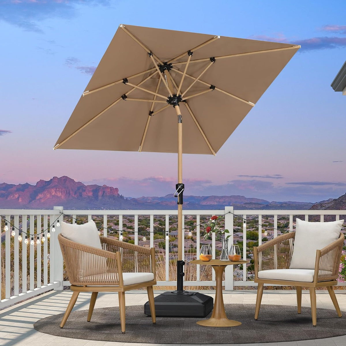 PURPLE LEAF 6' x 6' Square Outdoor Umbrella with Base Outdoor Table Umbrella Aluminum Patio Umbrella with Push Button Tilt & Crank and 8 Ribs Market Umbrella for Pool Backyard Beach, Taupe