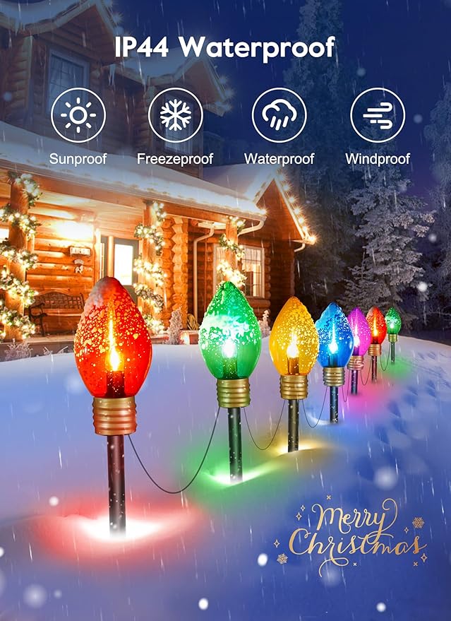 Christmas Lights Jumbo C9 Outdoor Lawn Decorations with Pathway Marker Stakes, 2 Pack 8.5 Feet String Lights Covered Jumbo Multicolored Light Bulb for Holiday Outside Yard Garden Decor, 10 Lights