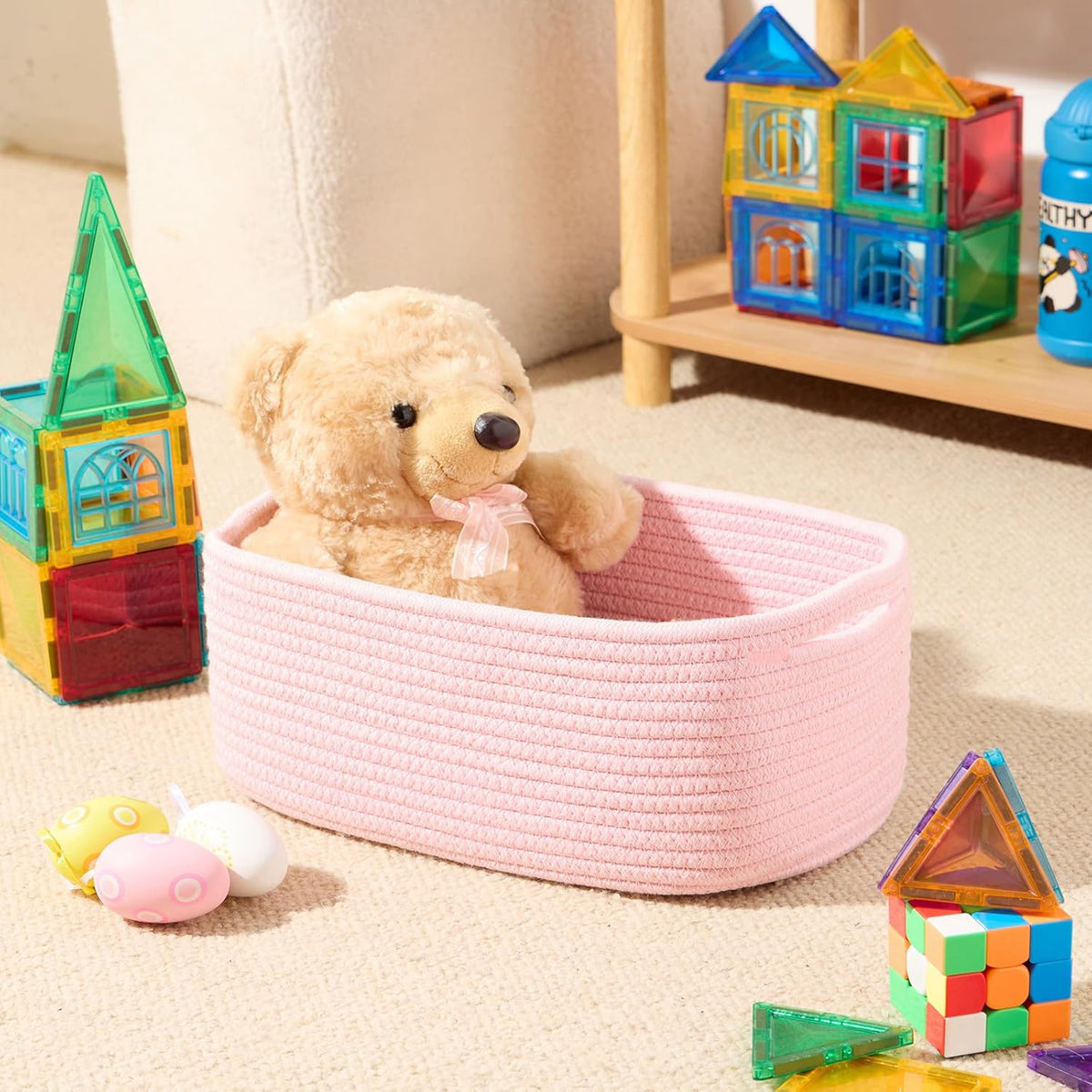 Small Storage Baskets for Organizing | Closet Organizer Bins | Shelf Toy Basket | Woven Rope Baskets | Cube Decorative Box | Shallow Basket | 13x8.5x5.1” | 4 Packs Light Pink
