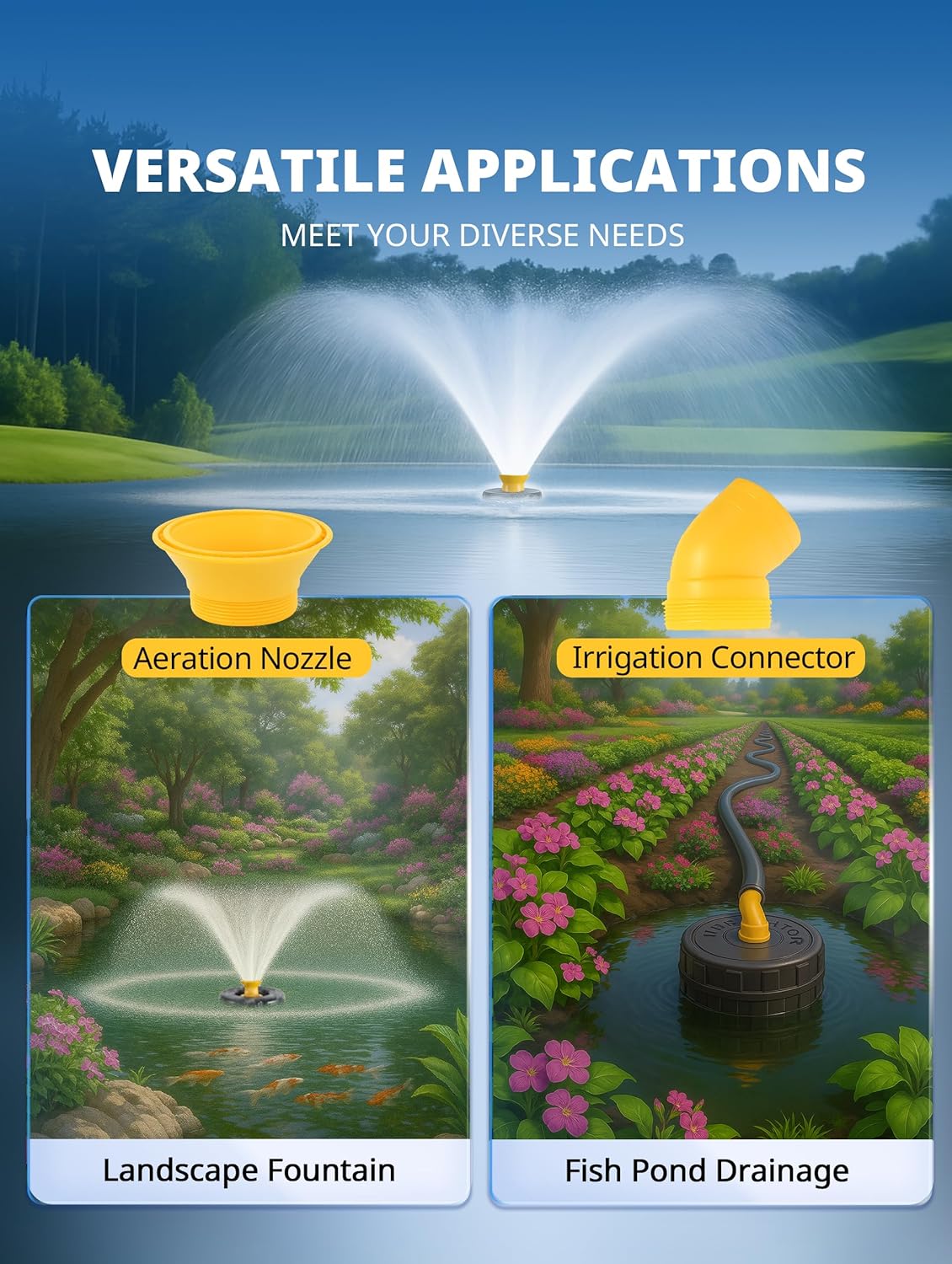 Pond Fountain Aerator Pump with Timer, 50ft Power Cord, 2 Spray Patterns, Energy-Efficient Water Circulation for Ponds & Lakes, Easy Installation