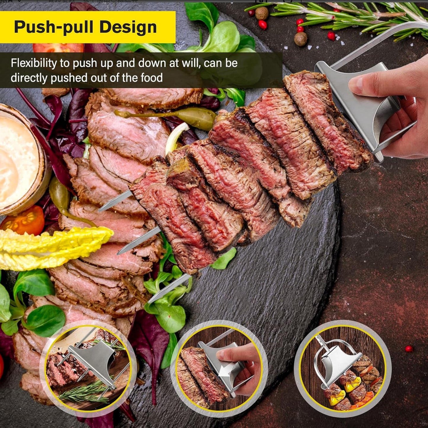 2PCS Kabob Skewers for Grilling, 14'' Stainless Steel Kebab Skewers, 3 Prong Metal Grill Skewer with Push Bar Slider, Skewer Sticks for Meat Veggies Marshmallows Fruits, BBQ Barbecue Accessories