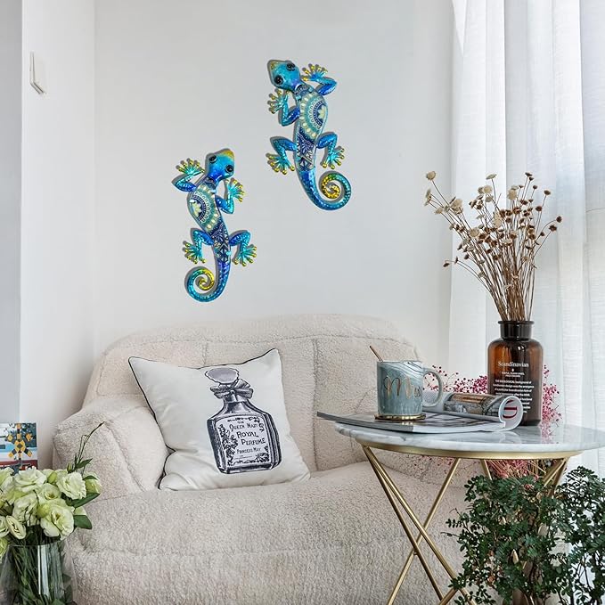 HONGLAND Metal Gecko Wall Art 2Pcs Outdoor Wall Decor Lizard Metal Hanging Wall Decoration Glass Sculpture for Garden Yard Patio Fence Home (Blue)