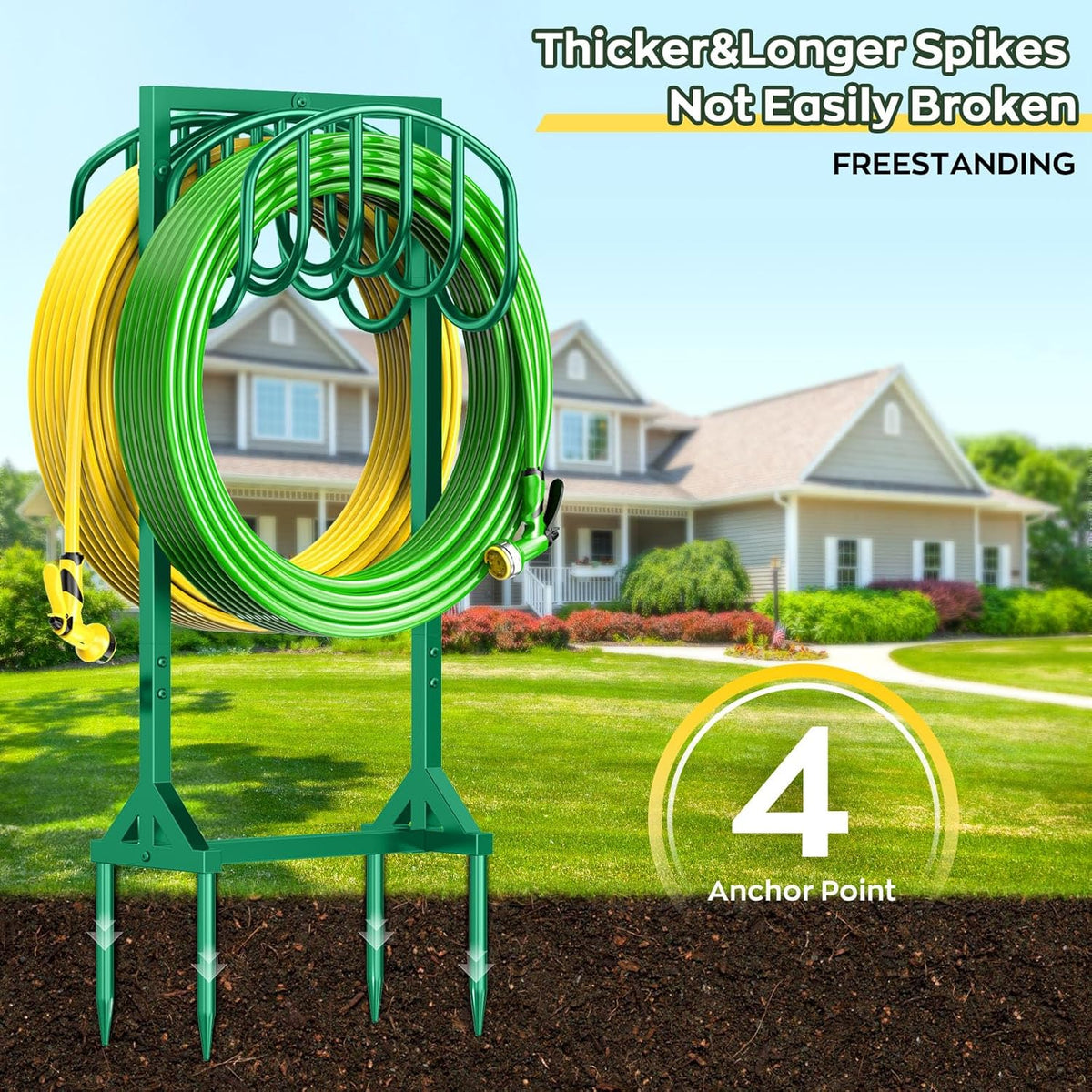 Garden Water Hose Holder Holds 2 * 150Ft Hoses, Heavy-Duty Metal Freestanding Hose Holder with 4 Spikes, Rustproof Garden Hose Hanger Storage for Outside, Yard, Lawn