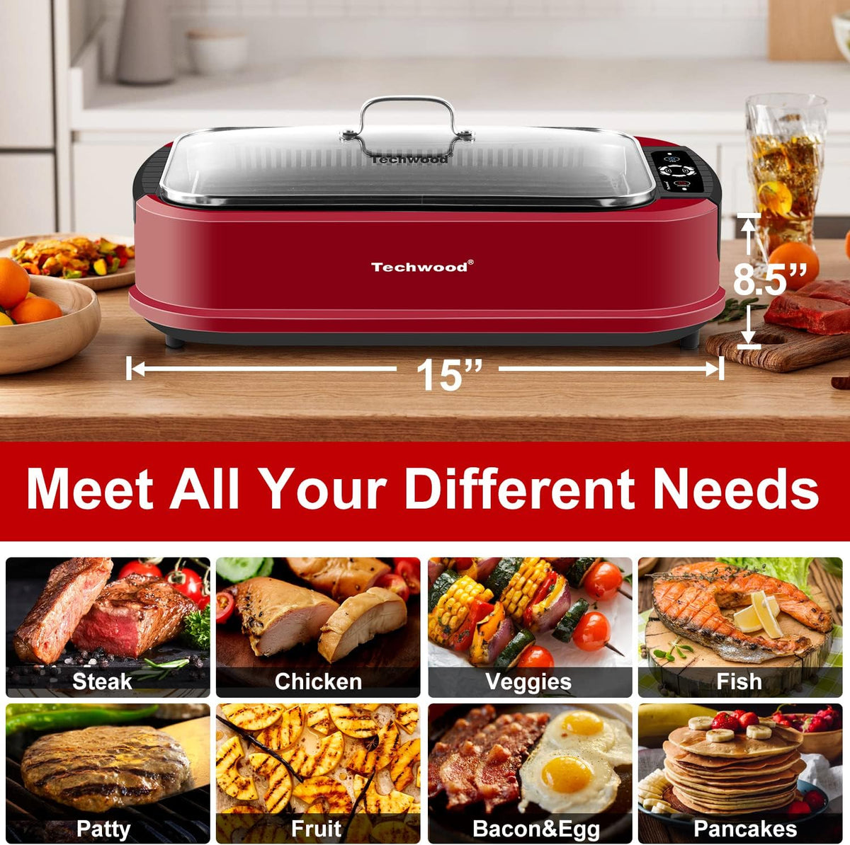 Techwood Smokeless Grill 1500W indoor Grill with Tempered Glass Lid, Compact & Portable Non-stick BBQ Grill, Turbo Smoke Extractor Technology, Drip Tray& Removable Plate