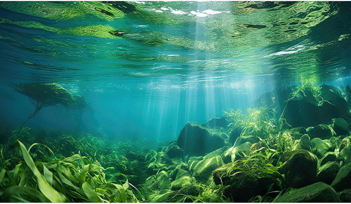 Under The Sea Fish Tank Background Aquatic Plants Deep Sea Aquarium Background Underwater Sunray Rock with Moss Terrarium Backgrounds Deep Ocean Floor Tropical Fish Tank Backgrounds 24x12in
