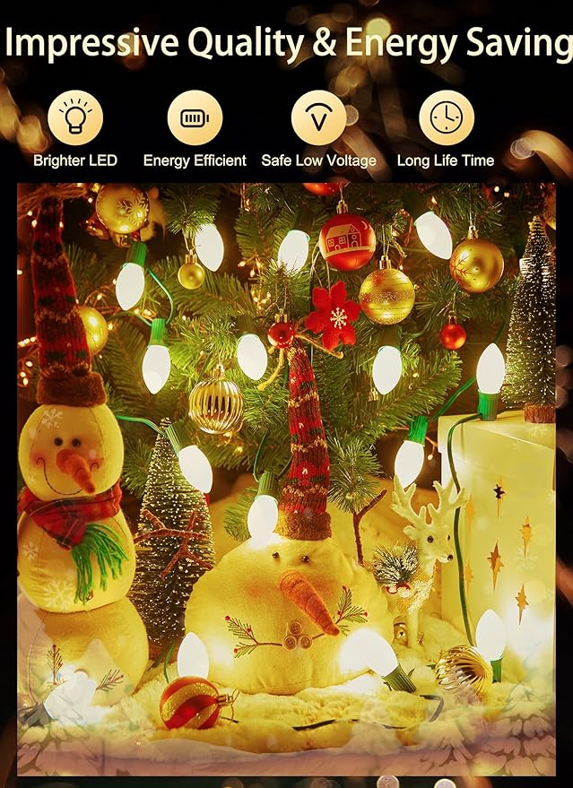 C9 LED Christmas Lights Outdoor, 100 Feet C9 String Lights with 100 Shatterproof Matte Bulbs, Connectable Waterproof Christmas Tree Lights for Holiday Roofline Backyard Garden Decor, Warm White