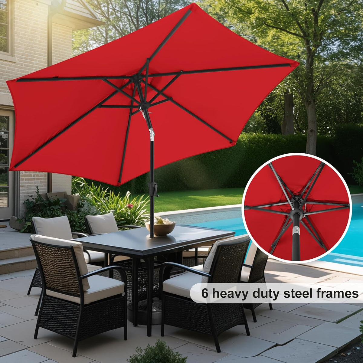 FLAME&SHADE 10ft Patio Umbrella - Outdoor Umbrella with 6 Sturdy Ribs, Push Button Tilt and Crank, UV Protection Table Market Umbrella for Pool, Porch，Garden, Deck, Backyard (Red)