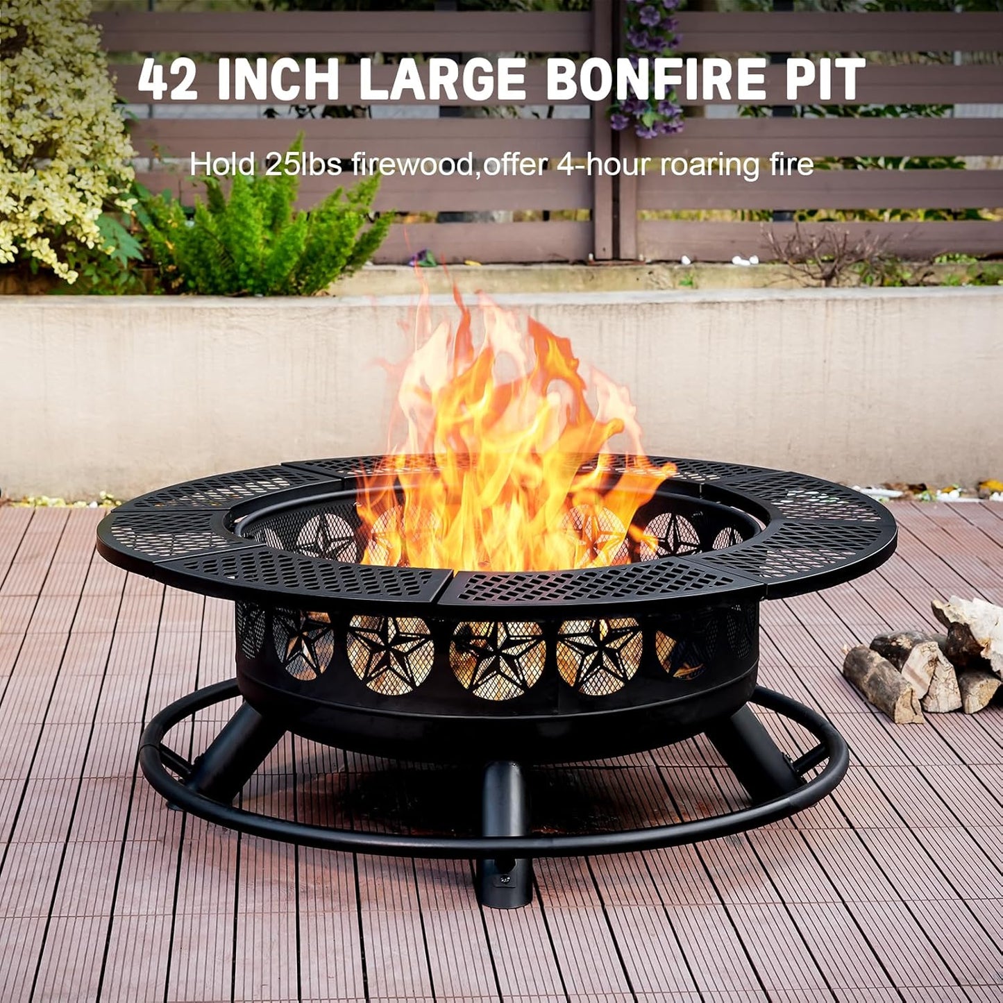 42 Inch BBQ Fire Pit with 2 Grills,3-in-1 Outdoor Round Metal Fire Pit Table with Lid,Fire Poker,Large Outdoor Wood Burning Firepits for Outside,Picnic,Bonfire Backyard Patio(Black)