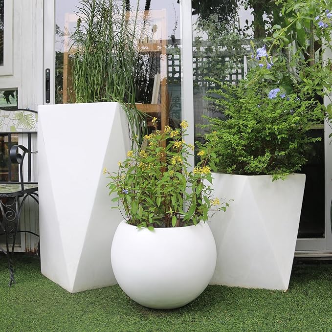 13.5 H x 17" Dia (12" Pot Opening) Round Fiberstone Planter with Drainage Hole, White, Indoor/Outdoor Large Plant Pot for Home Patio Garden, Ideal for Large Plants