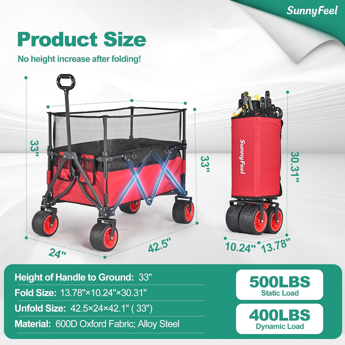 SUNNYFEEL Heavy Duty Collapsible Outdoor Utility Wagon Cart 500LB Capacity Adjustable Handlebar,Foldable Beach Wheels Stable Durable Oxford Fabric for Shopping Garden Camping (Red, Tall Version)