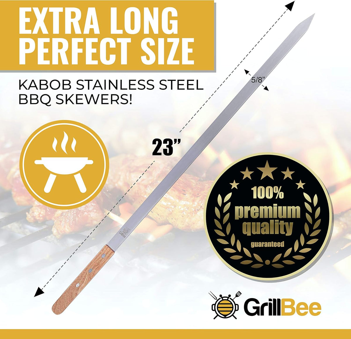 Premium Kabob Skewers 23 inch Long and 5/8 inch Wide Stainless Steel Flat Reusable Metal Skewers for Grilling BBQ - Chicken Kebab, 8pc Set with Bag