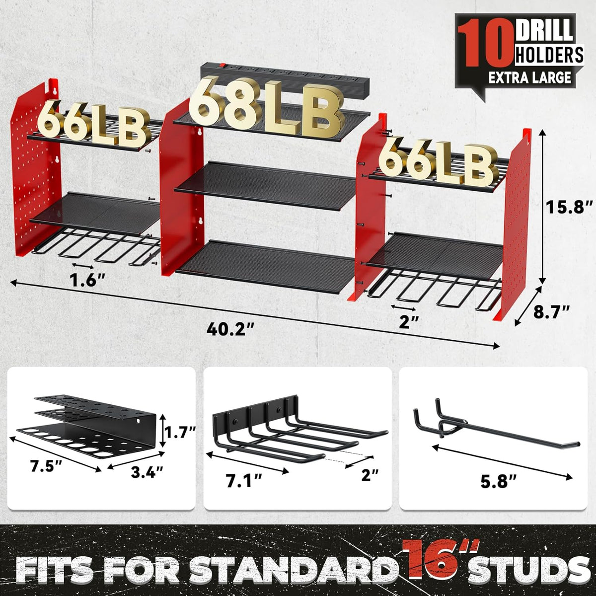 Upgrade Large Power Tool Organizer Wall Mount with Charging Station Tool Storage Rack with 6.5FT Power Strip 10 Drill Holder and Storage Rack for Garage Organization