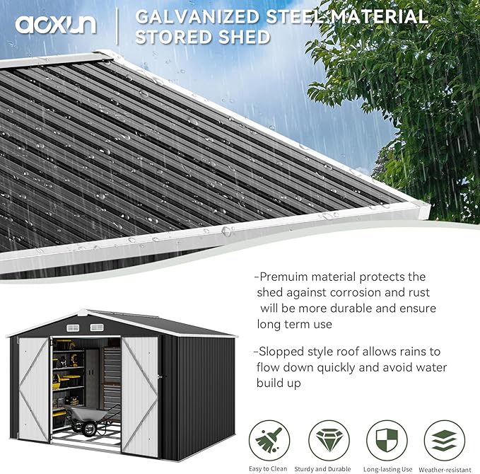Aoxun 9.4x7.3x6.5 FT Outdoor Storage Shed with Base Outdoor Metal Shed for Tool, Garden, Bike, Placed in Patio, Garden Base Included (Black)