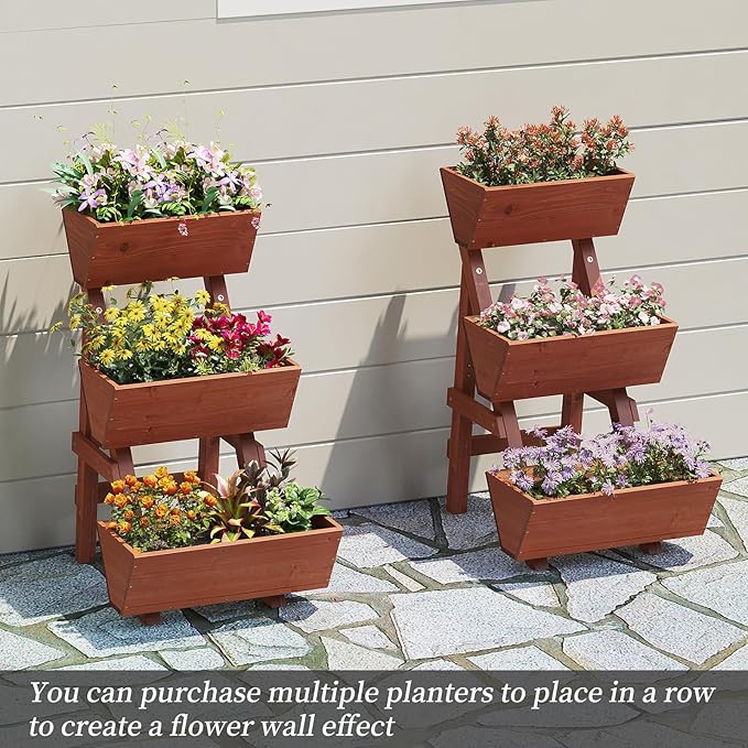 3-Tiers Wooden Raised Garden Bed,Wood Planter Box for Vegetable,Flower Rack,Flower Pot Stands,Indoor Outdoor Gardening Planting Beds (Brick red, Small)