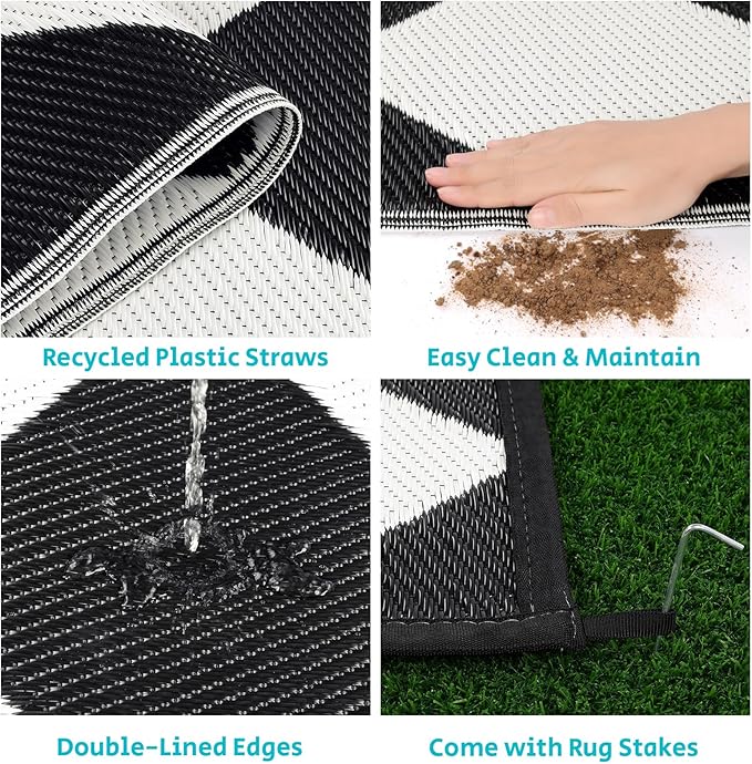 HEBE Outdoor Rug Waterproof 9x12, Reversible Plastic Straw Rug RV Camping Rug, Indoor Outdoor Patio Mat Clearance, Outside Carpet for Porch,Deck,Camper,Balcony,Backyard,Picnic