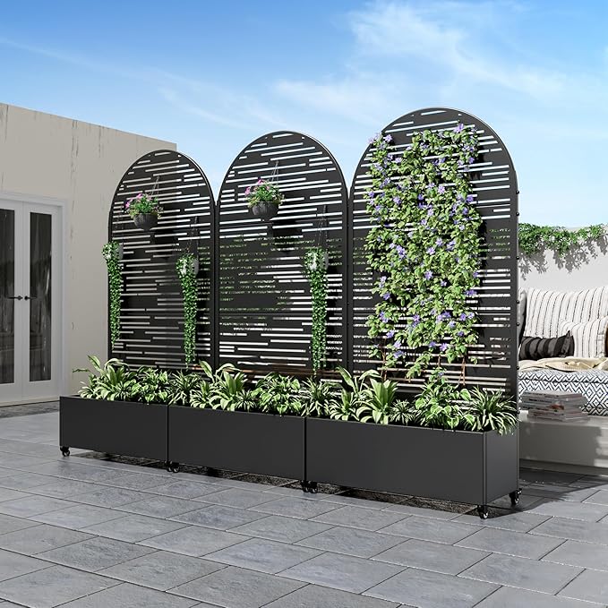 Casaphoria Metal Raised Garden Bed with Trellis and Wheels, 72"x35"x16" Arched Planter Box for Climbing Plants, Vegetables & Vines, Features Drainage Holes and Privacy Screen (Black-Shine)