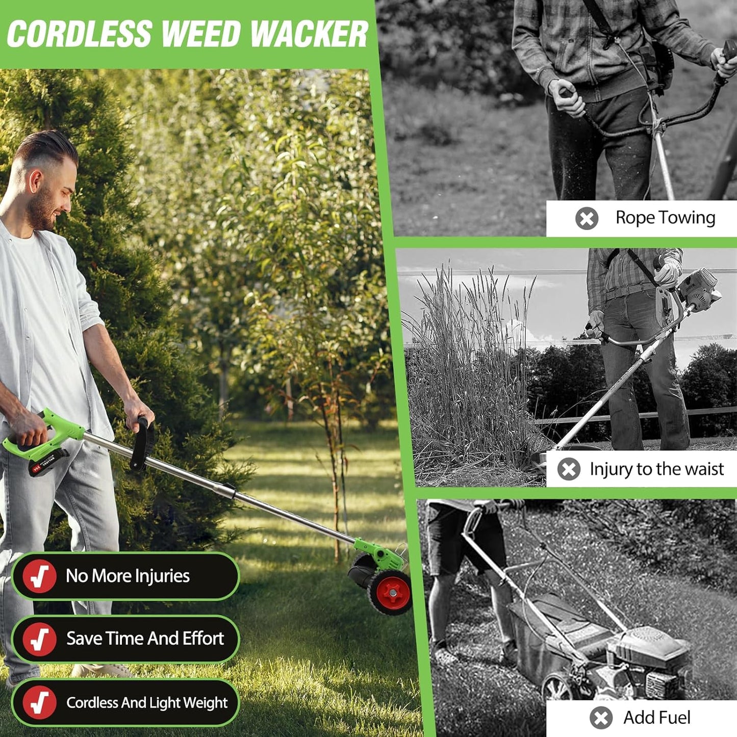 ALSO GO 21V Electric Weed Wacker, Weed Trimmer, Battery Powered Grass Trimmer with 2pcs Batteries, 3 in 1 Cordless Weed Eater with Wheels, Stringless Lightweight Grass Cutter for Lawn Garden Yard