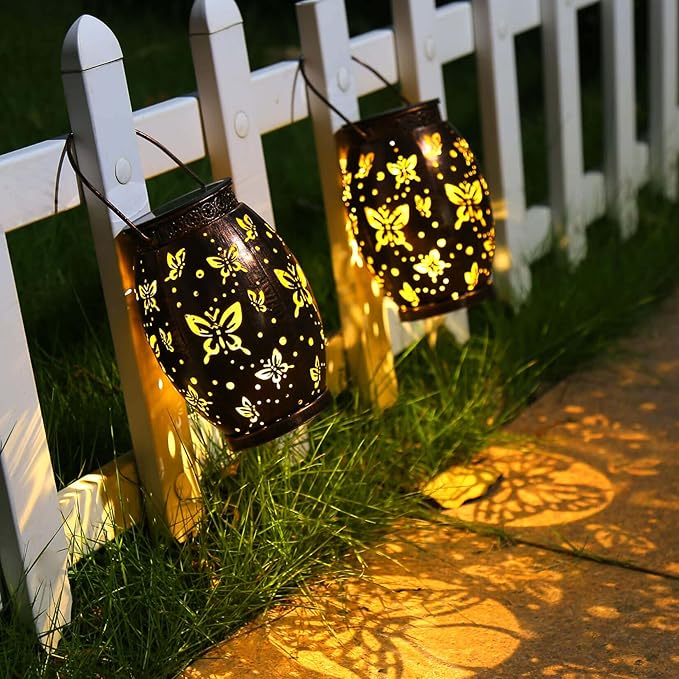 2 Pack Solar Lantern Butterfly Solar Outdoor Waterproof Hanging Metal Solar Powered Patio Lanterns Garden Solar Lights Outdoor Decorative Gifts for Women