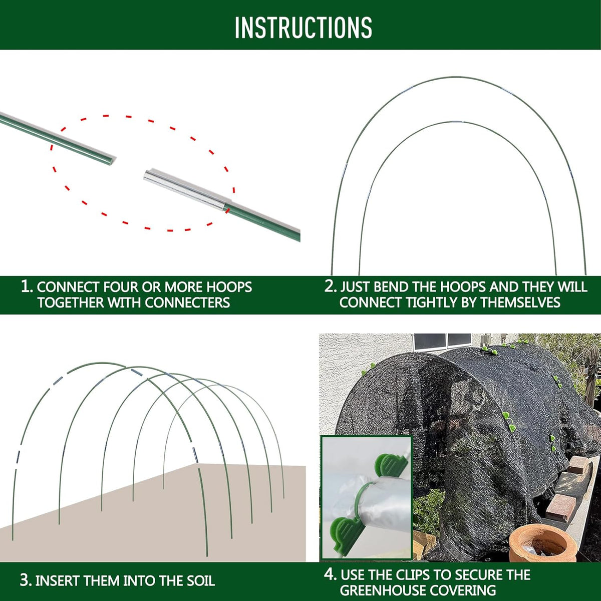 MAXPACE Greenhouse Hoops for 2.7ft or Wider Grow Tunnel, Rust-Free Fiberglass Support Hoops Frame for Garden Fabric, DIY Plant Support Garden Stakes, Gardening Supplies, 50pcs