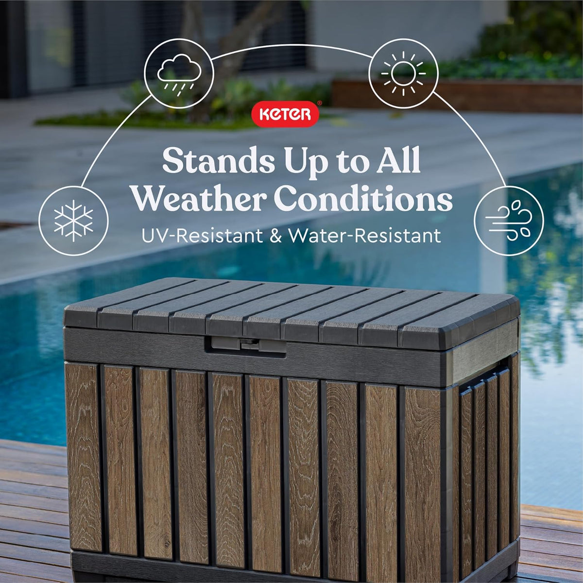 Keter Signature Everwood 50 Gallon Resin Outdoor Storage Box and Patio Furniture Side Table for Pool and Garden Accessories, Walnut