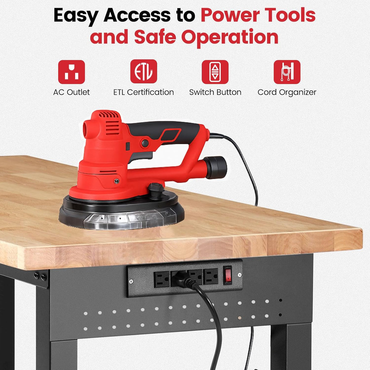 Workbench for Garage with Wheels 60 x 22 Inch Heavy Duty Rubberwood Tabletop Work Table with Under Table Shelf, Pegboard, Power Outlets for Woodworking Shop Home Office