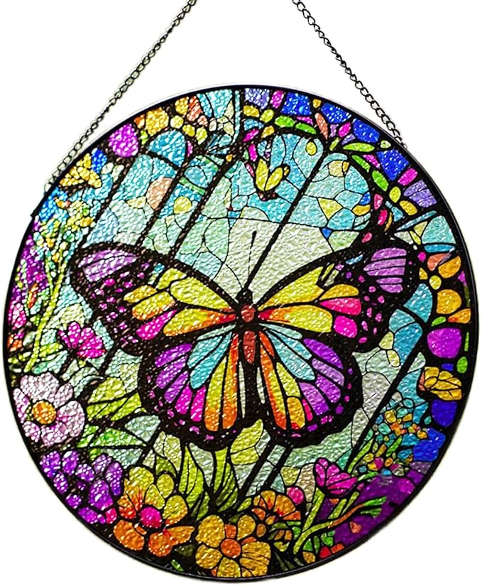 Butterfly Stained Glass Suncatcher Artistic Window Hanging,7.8” Hand-Painted Glass Panel Wall Home Decor,Gift for Women Garden Decor Suncatcher, BL009