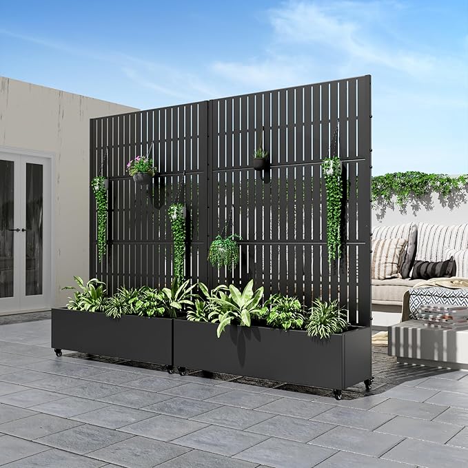 Casaphoria Metal Raised Garden Bed with Trellis and Wheels, 72"x47"x16" Planter Box for Climbing Plants, Vegetables & Vines, Features Drainage Holes and Privacy Screen (Black)