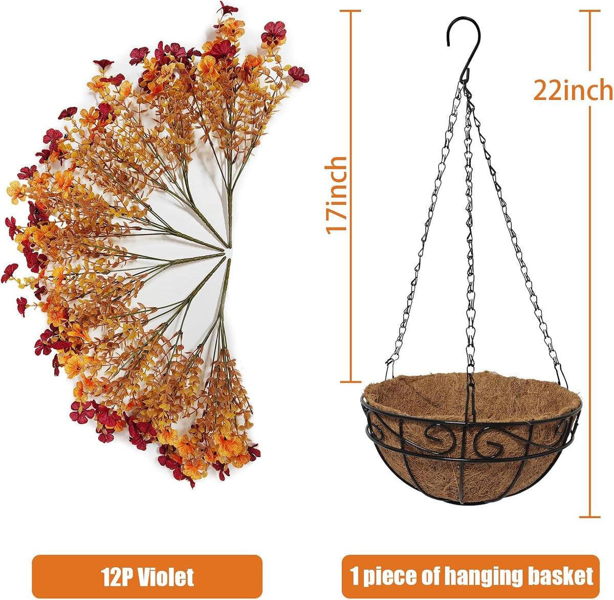 Fall Artfiticial Hanging Flowers Baskets for Outdoors, UV Resistant Fake Fall Hanging Plants, Faux Orange Flowers for Autumn Home Patio Garden Front Porch Balcony Decor (Yellow Red)