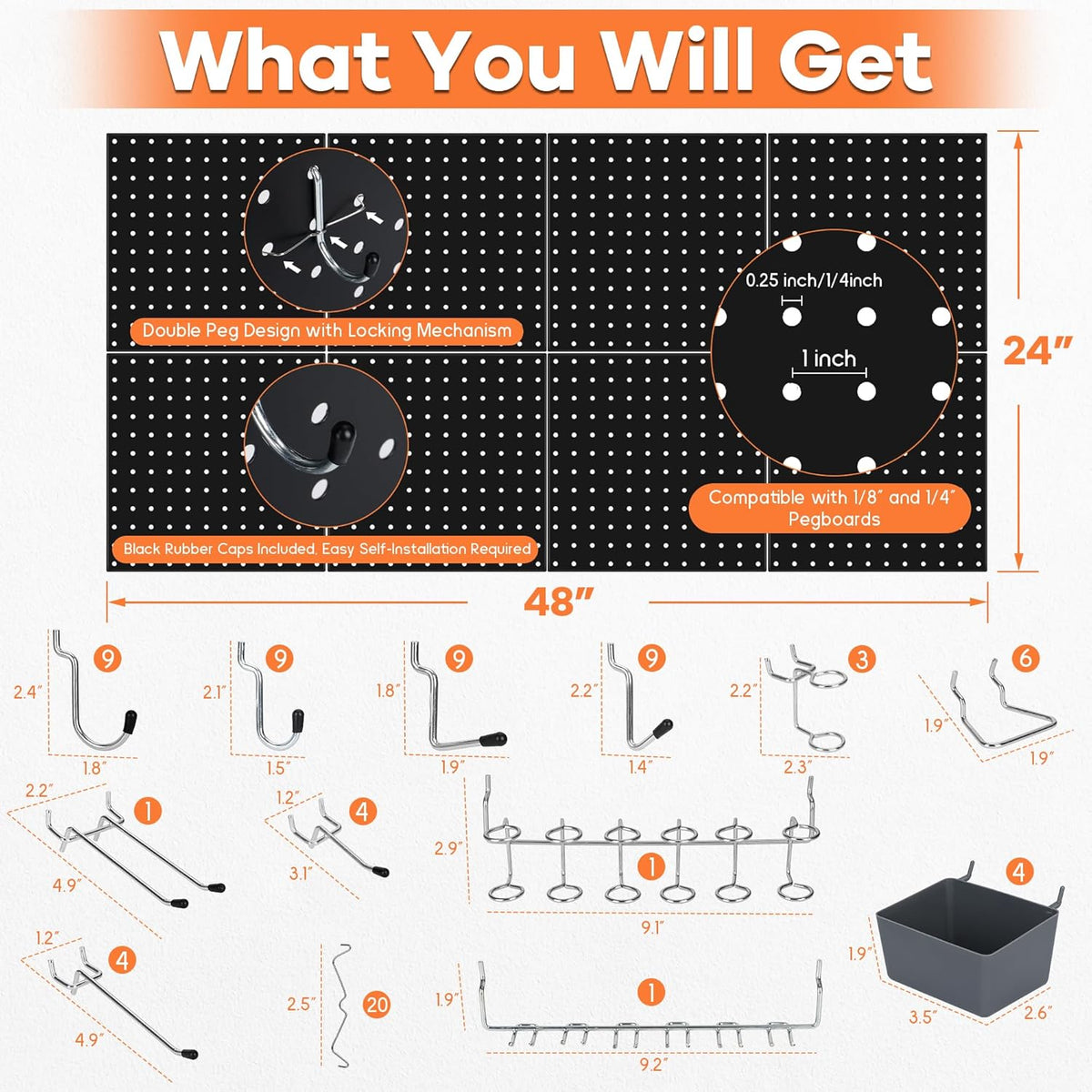 88 PCS Pegboard Panels Metal Black with Accessories Kit, Heavy Duty Steel Peg Boards Wall Tool Organizer with Screw, Bins, Hooks, Peg Locks for Garage, Tool Storage, Office, Craft Room, Kitchen