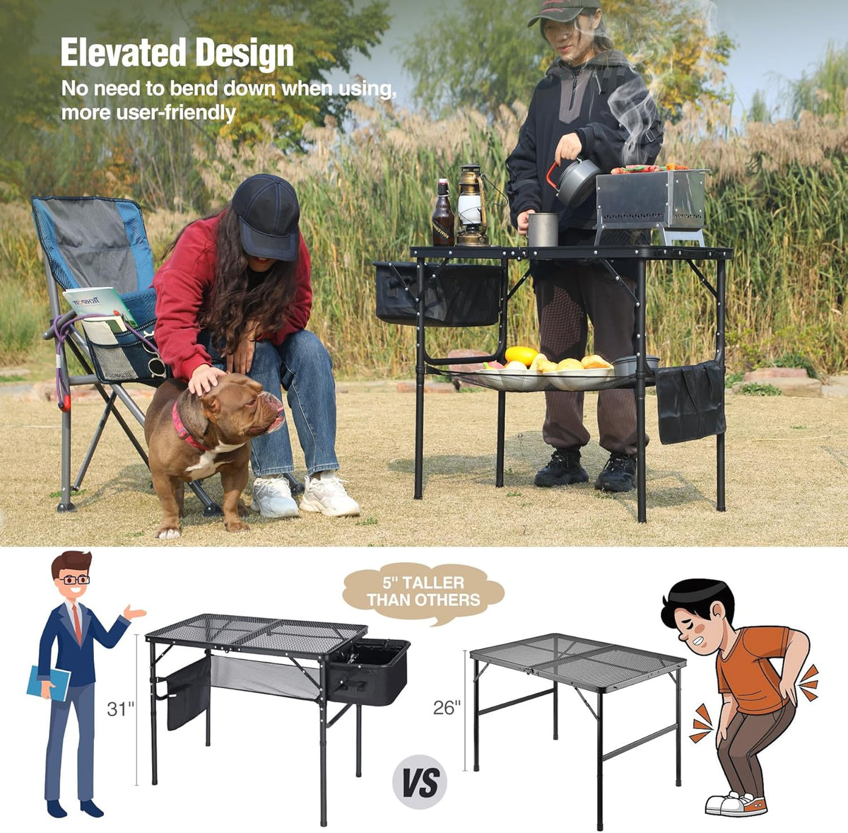 REDCAMP Folding Portable Grill Table with Sink for Outside, Lightweight Aluminum Metal Grill Stand Picnic Table for Camping Cooking BBQ RV Picnic, 2 Heights Adjustable,Black 36"x20"