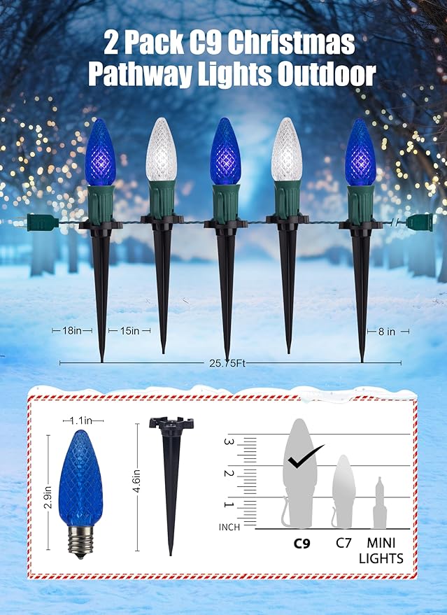 Christmas Pathway Lights Outdoor, 2 Pack 26 Ft 20 LED C9 Strawberry String Lights with Stakes, Connectable Waterproof Outside Christmas Lights Marker for Path, Lane, Patio Decor, Blue & Pure White
