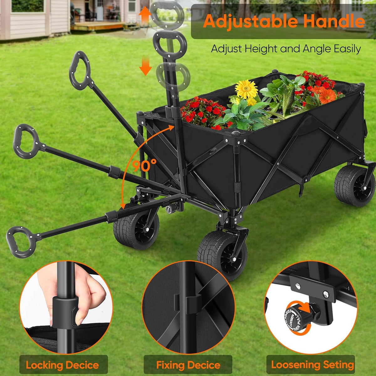 Collapsible Wagon with Table, Large Capacity Foldable Wagons Carts, Beach Wagon with Big Wheels, Heavy Duty Beach Car Utility Wagon for Outdoor Park, Shopping, Sports, Camping, Garden