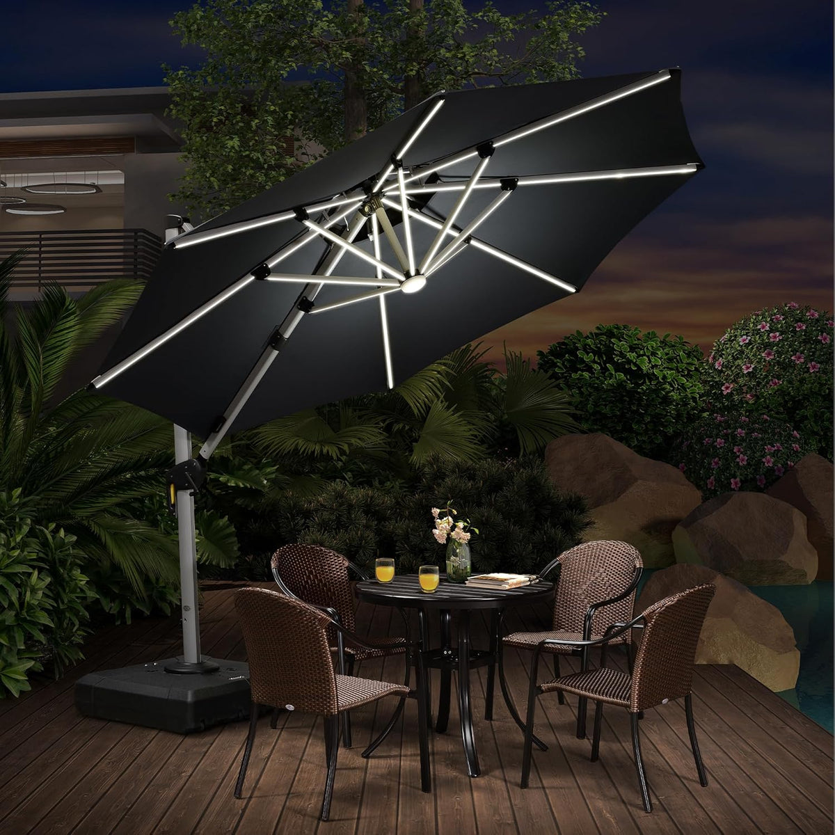 PURPLE LEAF 10ft Patio Umbrella With Base Solar powered LED Cantilever Umbrella with LED lights Windproof Outdoor Offset Umbrella for Garden Deck Pool Patio, Grey