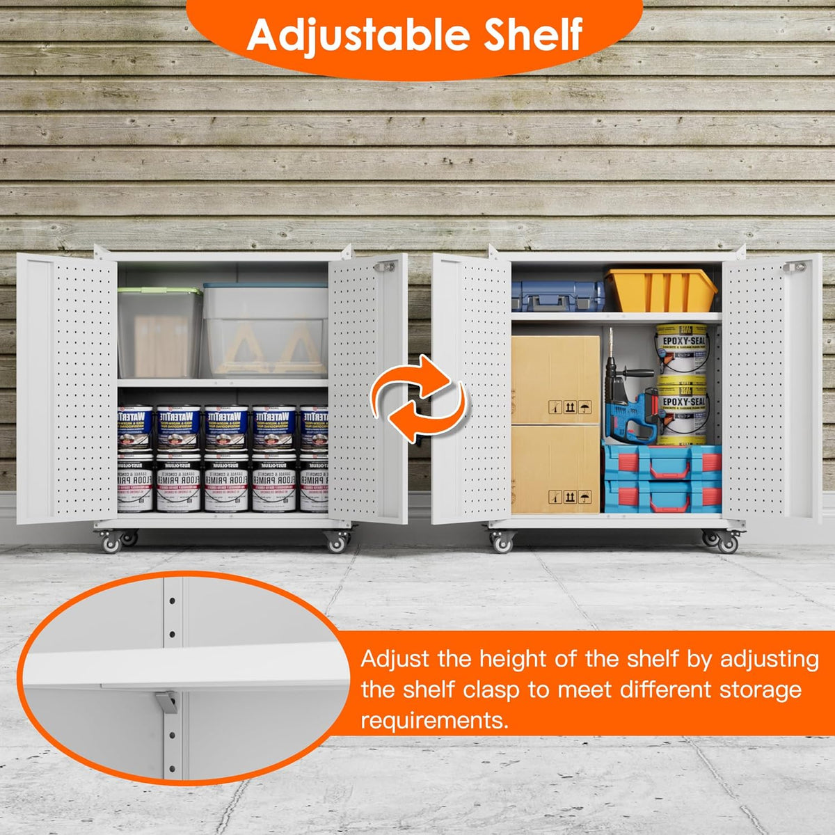 Garage Storage Cabinet with Wheels & Pegboard, 34.3" H Locking Metal Tool Storage Cabinet with Doors and Shelf & 4 Hooks for Garage, Home, Workshops, Assembly Required, White