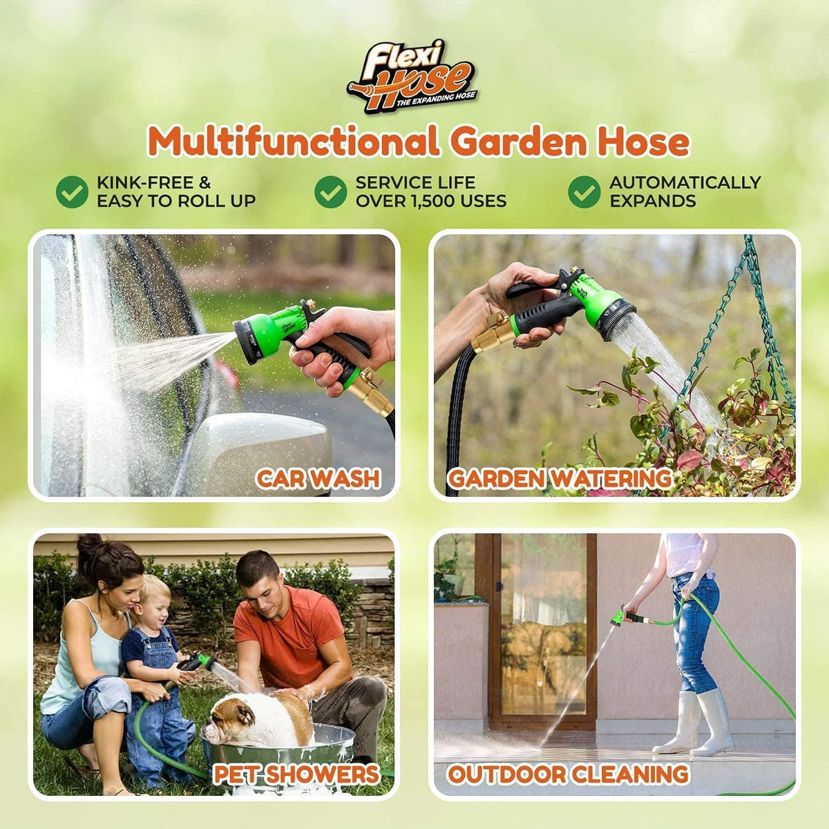 Flexi Hose PLUS with 8 Function Nozzle Expandable Garden Hose, Lightweight & No-Kink Flexible Garden Hose, 3/4 inch Solid Brass Fittings and Double Latex Core, 25 ft Black