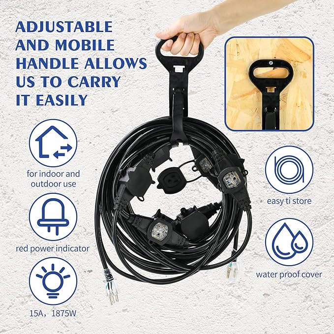 50FT 14 Gauge Heavy Duty Multi-Outlet Extension Cord, 7 Evenly Spaced Weatherproof Outlets, Great for Stage Backdrops, Landscape Garden Lighting, Christmas Halloween Decorations ETL