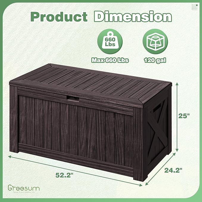 Greesum 120 Gallon Outdoor Storage Box with Lock - Large Resin Deck Box, Reinforced Lid for Garden, Patio, Lawn, Brown
