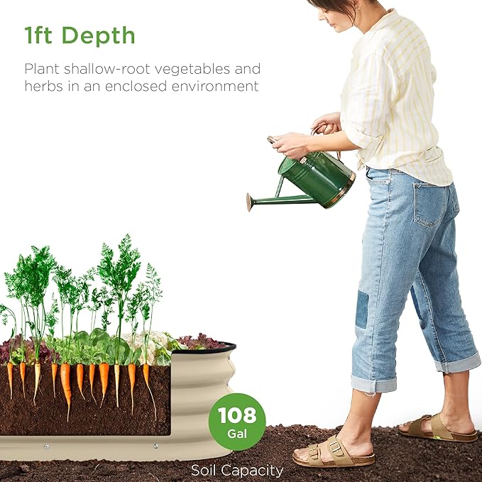 Best Choice Products 8x2x1ft Outdoor Metal Raised Garden Bed, Oval Deep Root Planter Box for Vegetables, Flowers, Herbs, and Succulents w/ 108 Gallon Capacity - Beige