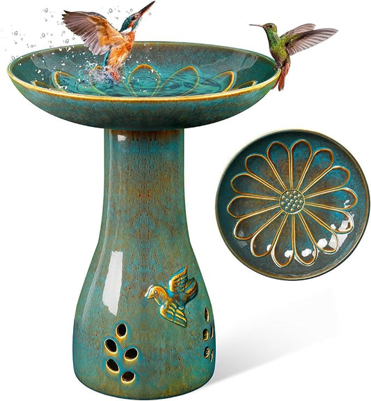 Ceramic Bird Bath for Outdoors, 21.5 inch Heavy Duty Bird Bath，Weather-Resistant Birdbath for Outdoor Garden Use, Attracts Birds, Elegant Yard Décor - Blue