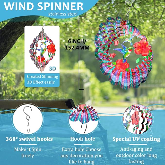 Hummingbird Wind Spinners Outdoor,6in Mandala Wind Spinner Hummingbird Gift for Women Men,Wind Spinner for Yard and Garden,Wind Sculpture for Yard Art Decorations,Christmas Decoration