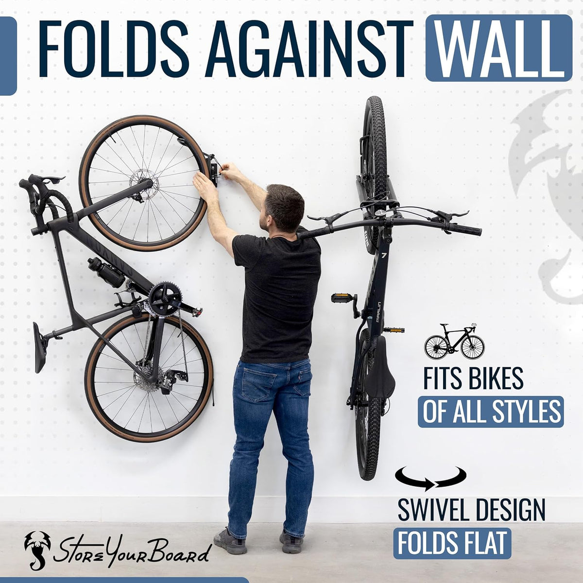 StoreYourBoard Bike Swivel Rack – Wall Mounted Garage Bike Storage, Vertical Hanger with 120° Swing Design & Stopper, Space-Saving Indoor Wall Mount – Fits Kids Bikes, BMX & More