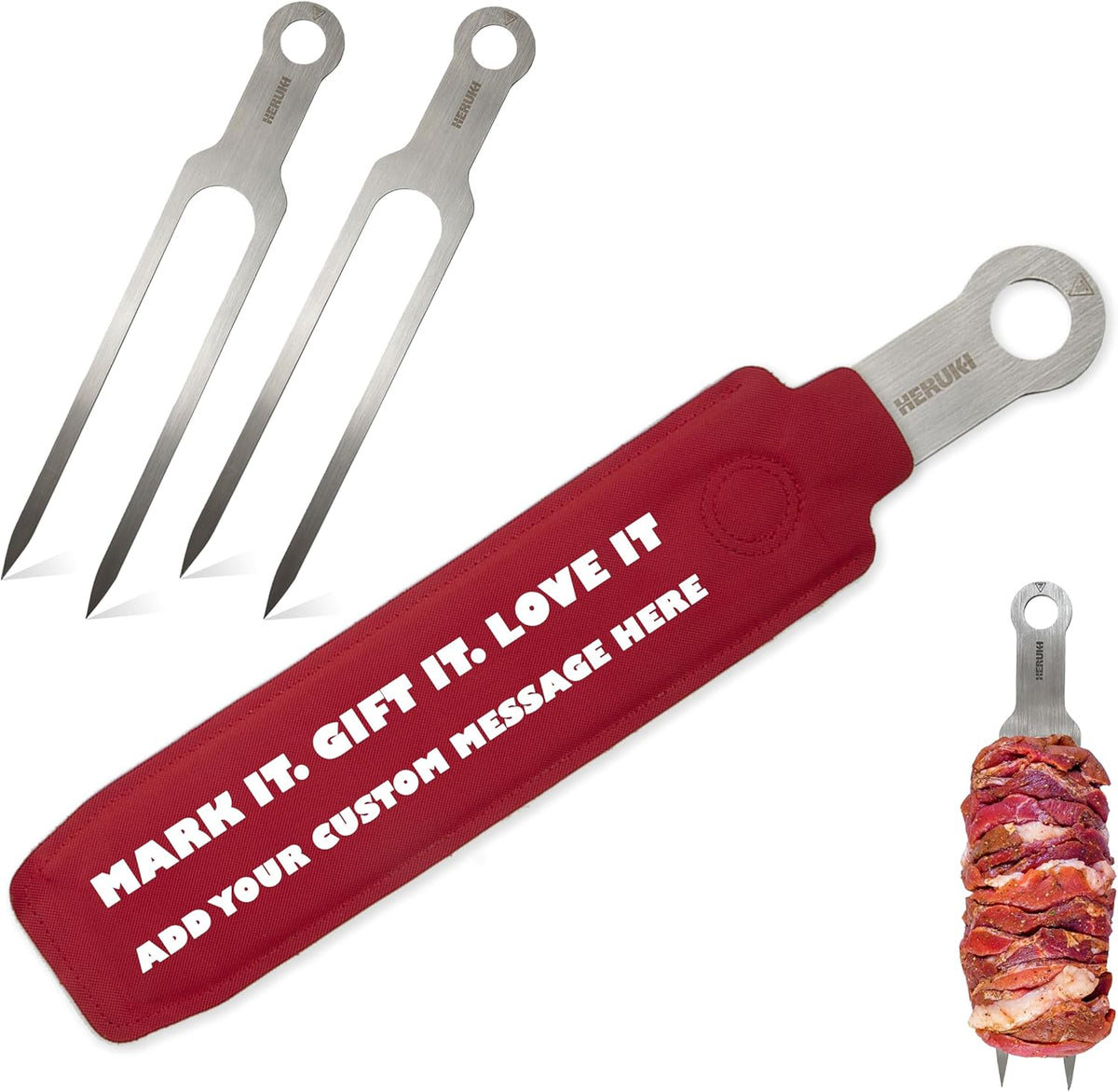 Double Skewers 14.4" Stainless Steel Heavy Duty Double Prong Skewers for BBQ Kabob Shawarma Meat Fish Chicken Gift for Valentine Accessories for Grill Master Arsenal - 2 Units (Personalized)