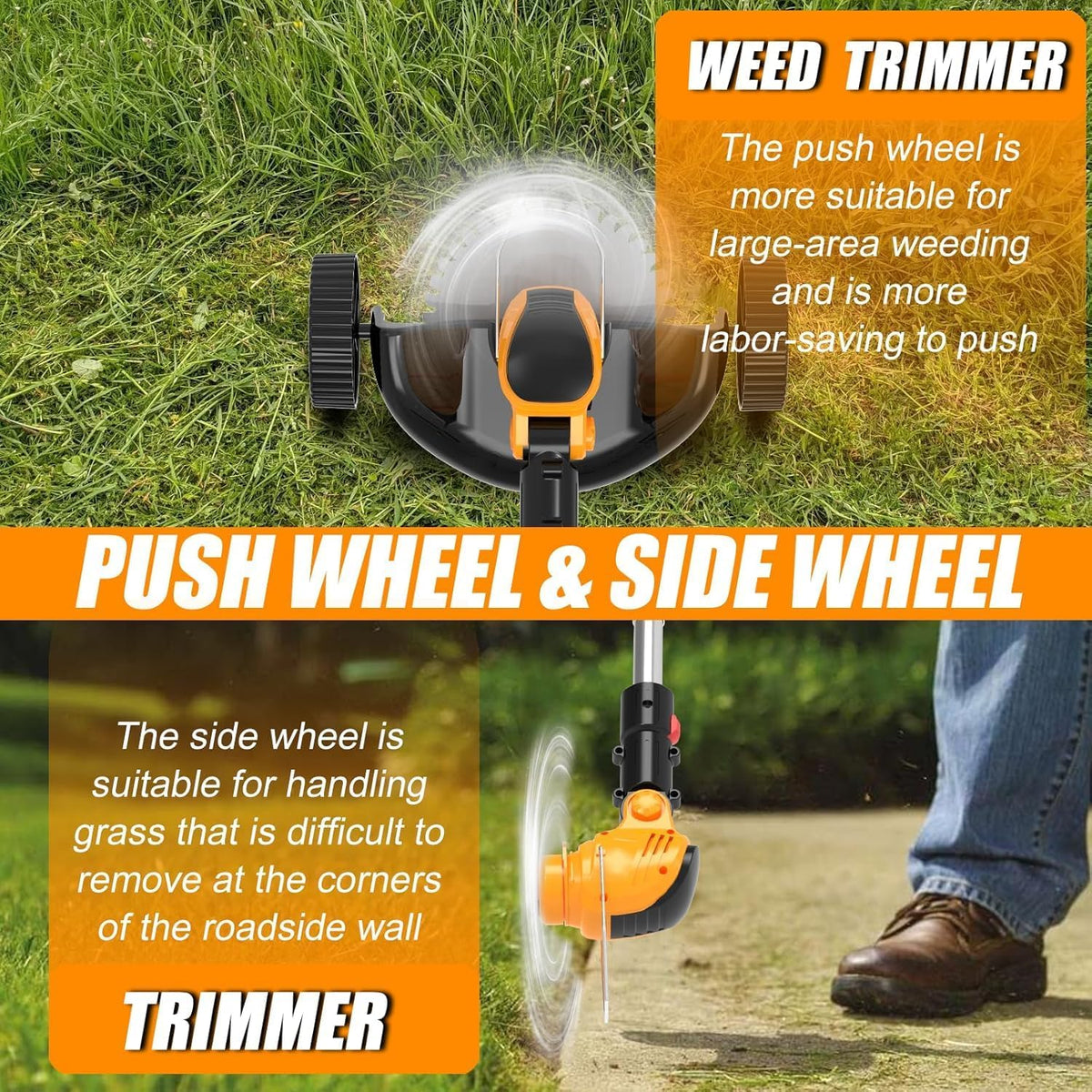 Electric Weed Wacker Cordless Eater, Battery Powered No String Grass Trimmer with 2 21V/4Ah Battery Operated&3 Types Blade&Wheels, Lightweight Weed Trimmer/Edger Lawn Tool for Garden Yard