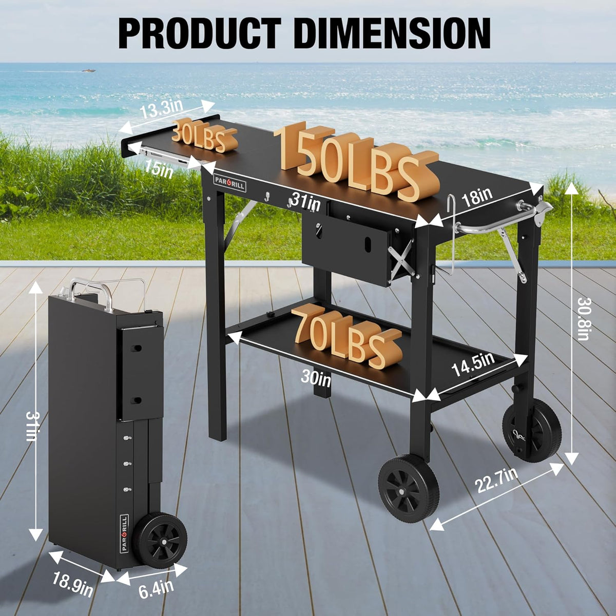 Outdoor Grill Table, Folding Grill Cart with Pull-out Side Table, Blackstone Griddle Stand, Fit 17 Inch Or 22 Inch, Stainless Steel BBQ Prep Station, Pizza Oven Stand
