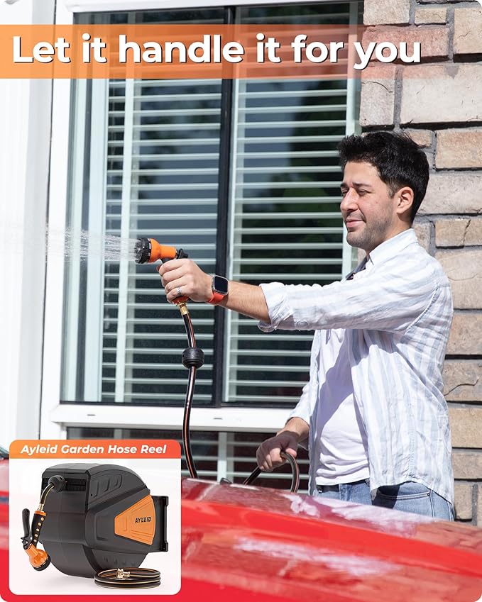 Ayleid Retractable Garden Hose Reel,5/8 in x 100 FT Wall Mounted Hose Reel, with 9- Function Sprayer Nozzle, Any Length Lock/Slow Return System/Wall Mounted/180°Swivel Bracket (Black)