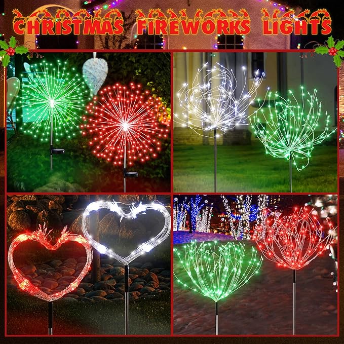6 Pcs St. Patrick's Day Solar Firework Stake Lights 180 LED 8 Modes Solar Waterproof LED Sparkler Lights Outdoor Decoration for Garden Patio Yard Pathway Walkway Lawn, Red Green White
