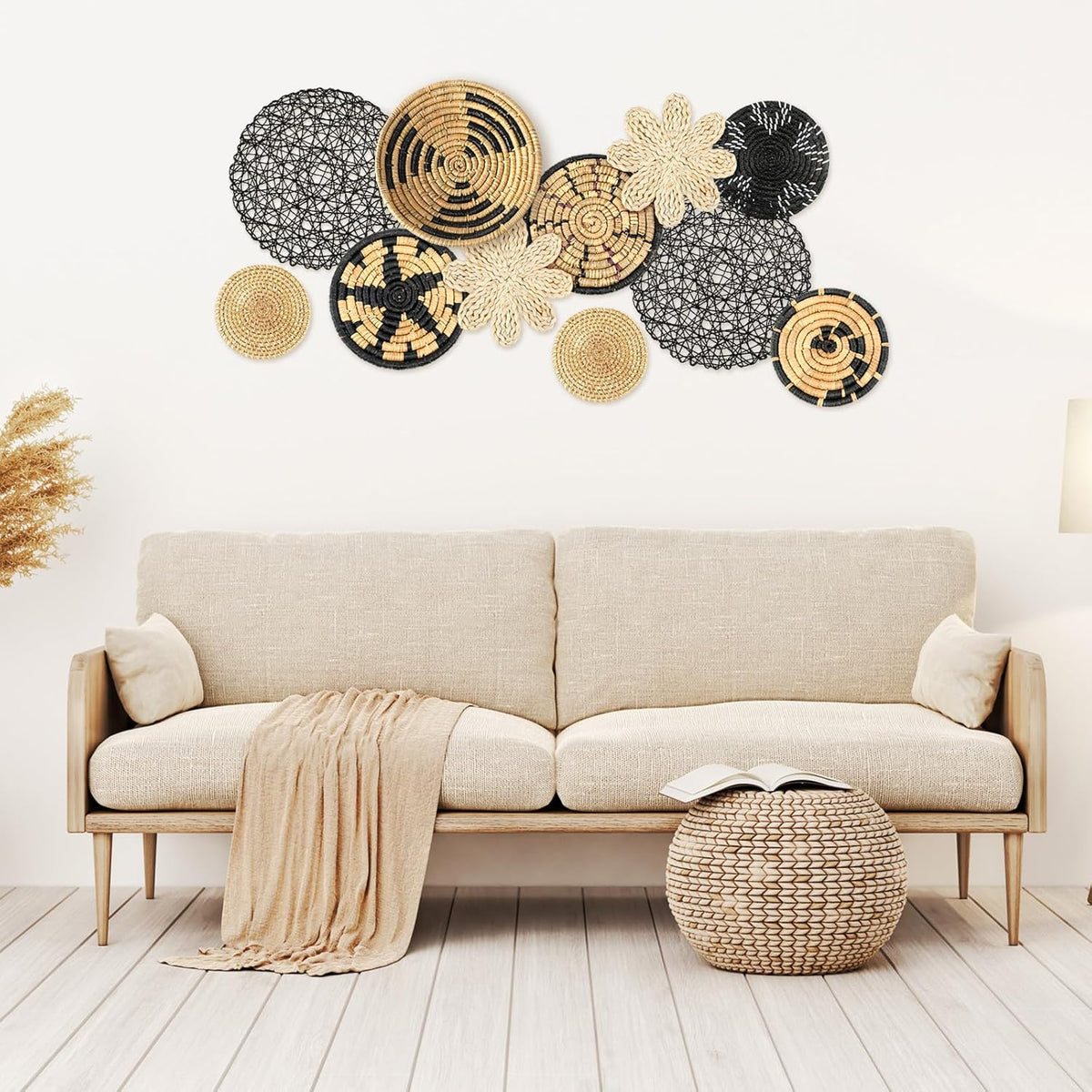 Tatuo 11 Pcs Boho Wall Basket Decor Decorative Bulrush Woven Basket Wall Decor Art Round Farmhouse Hanging Baskets for Kitchen Rustic Home Summer Decorations, Multi Sizes(Fresh)